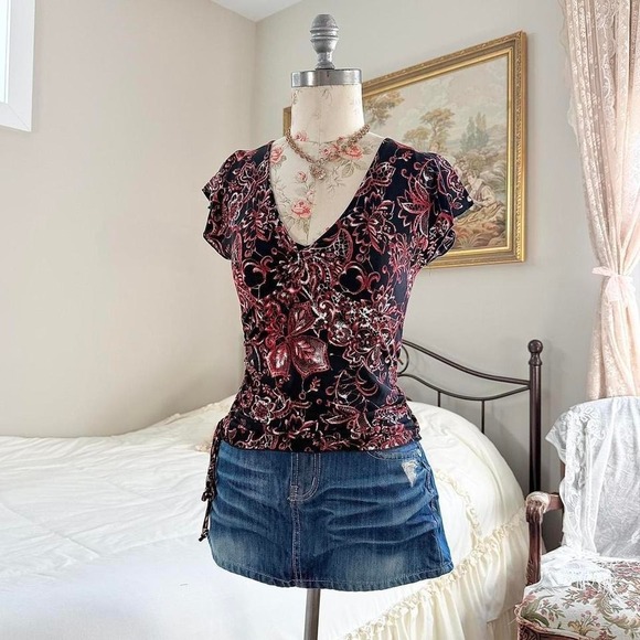 Poetry Tops - black floral fairy top  y2k poetry black floral tie top size large